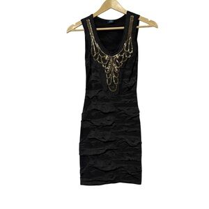 Vintage Y2K CALS Small Black Gold Beaded Bodycon Mini Dress Grunge Indie Sleeze